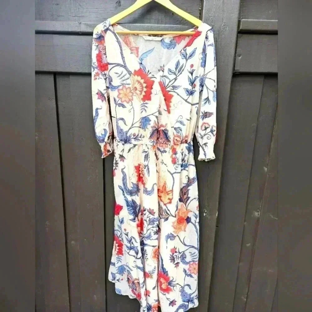 Floral Midi Dress - Cream with Red and Blue Accents